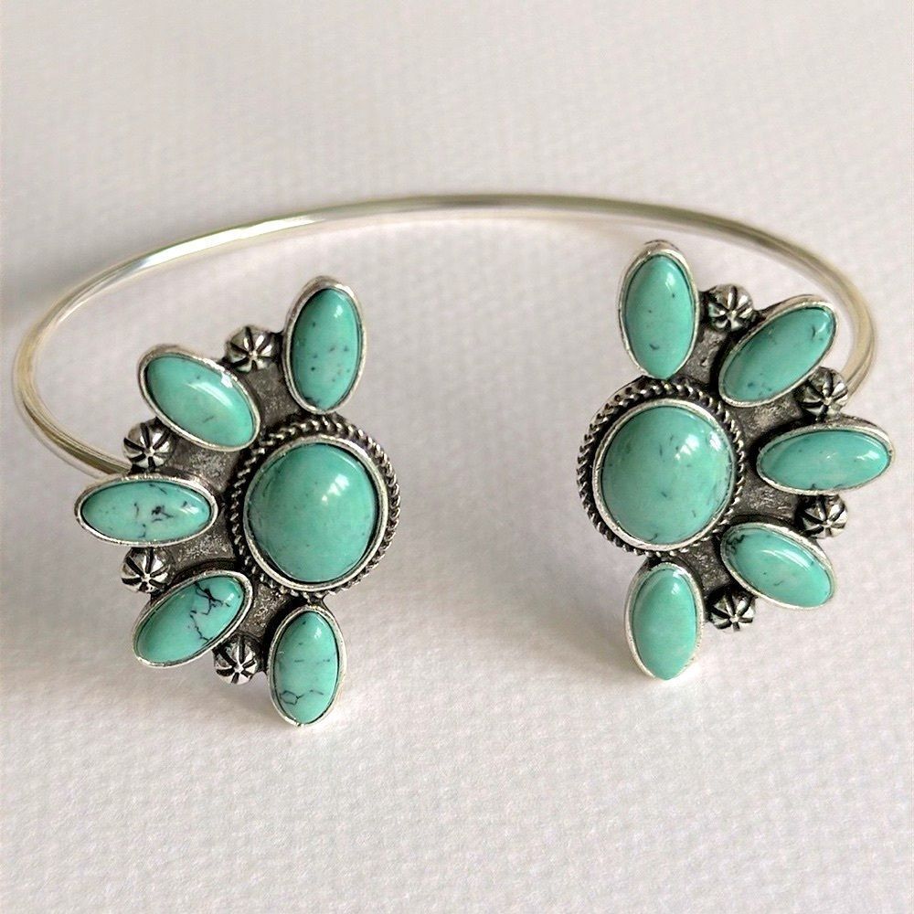 Western Boho Cuff Bracelet - Zuni Native American Style Turquoise & Silver Tone